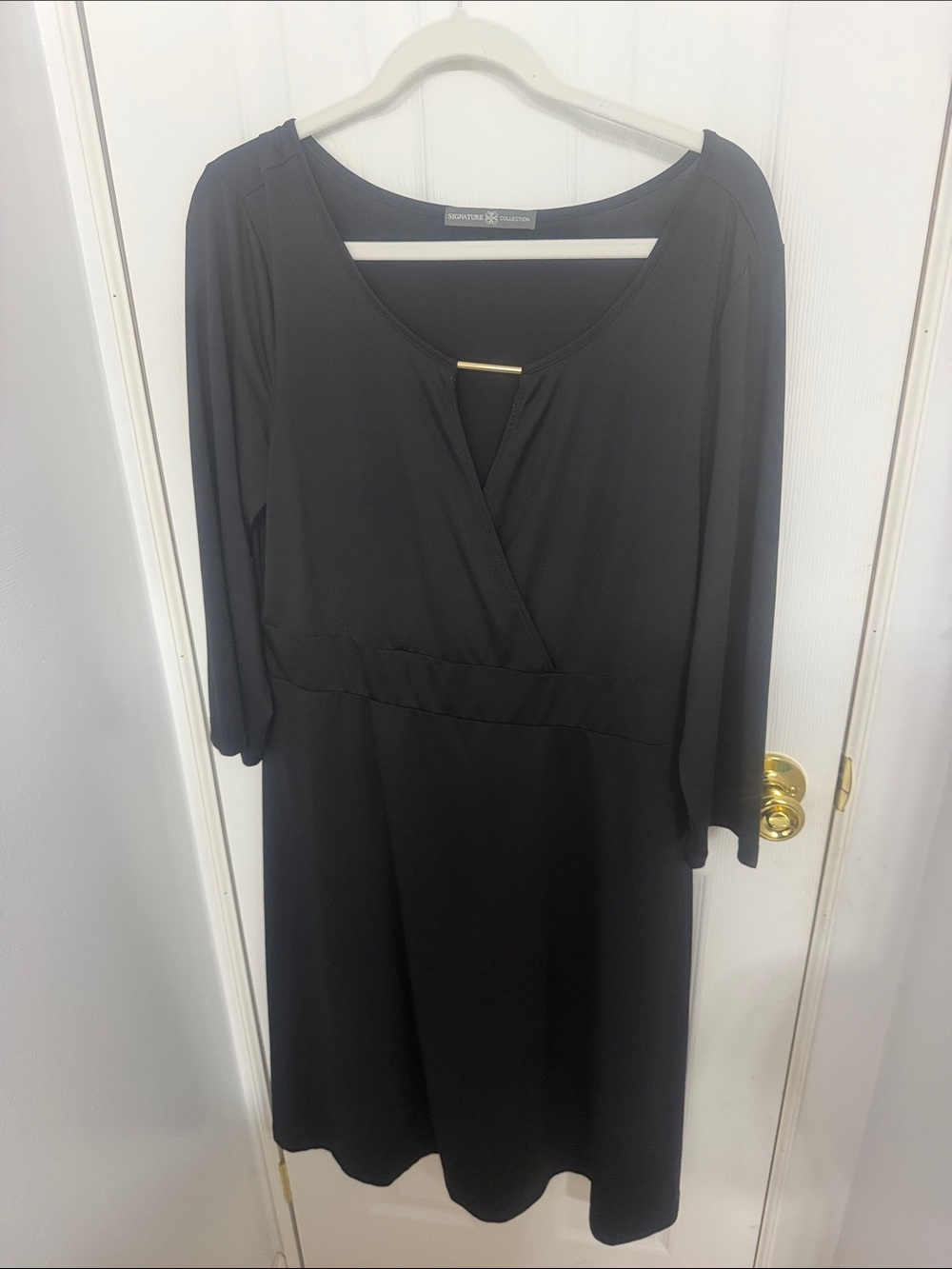 Avon Black Faux-Wrap Long Sleeve Dress with Gold Bar